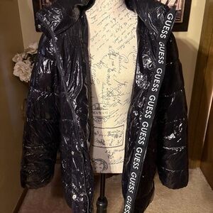 GUESS Black Glossy Puffer Jacket with Branded Trim